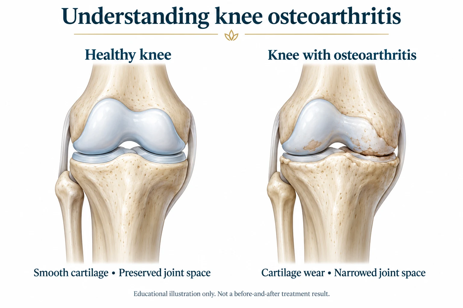 Educational comparison of a healthy knee with smooth cartilage and a knee with osteoarthritis showing cartilage wear and narrowed joint space. Not a before-and-after treatment result.